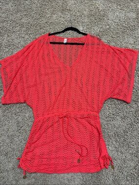 Coral Crochet V-Neck Drawstring Tunic